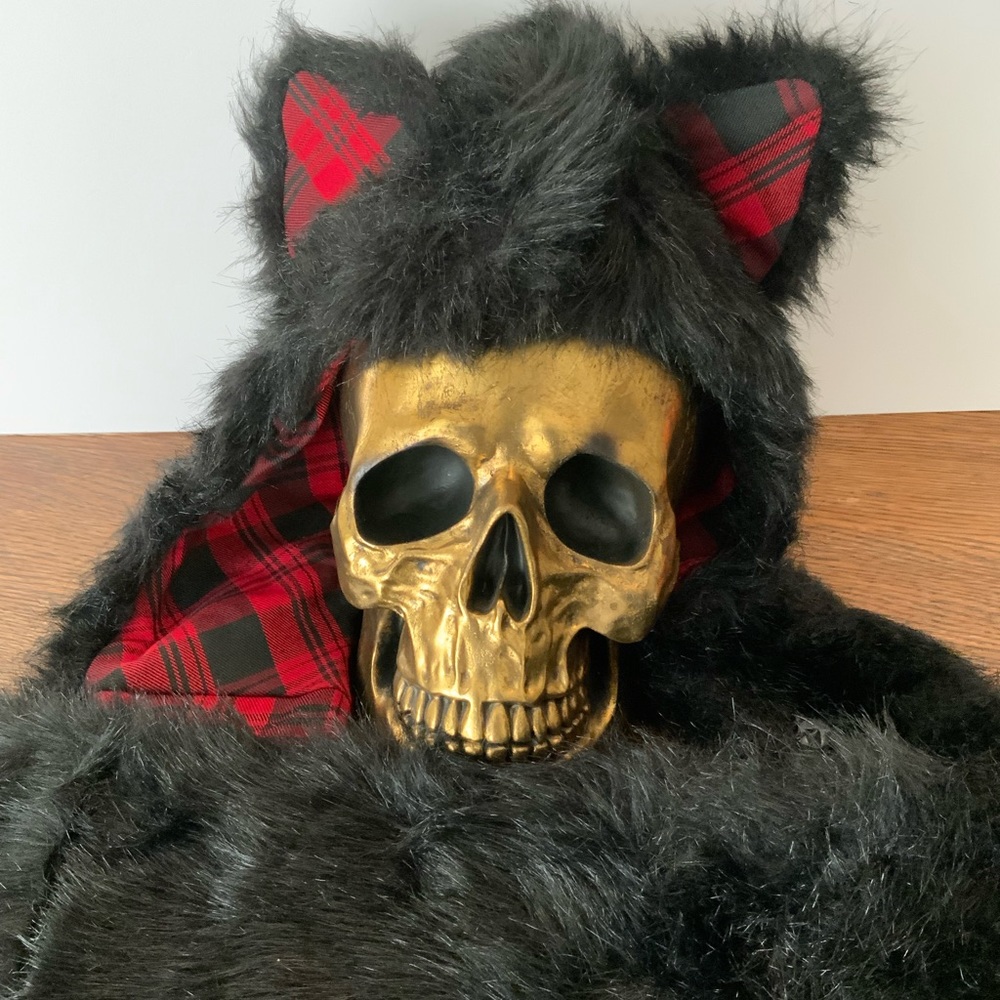 Black Faux Fur&Plaid Hat Scarf